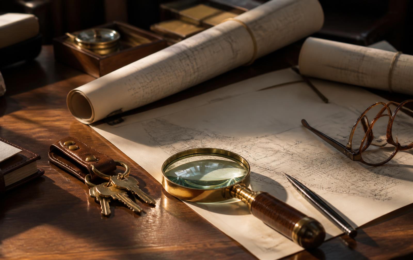 Recorded plats, a survey drawing, reading glasses and house keys on a walnut desk