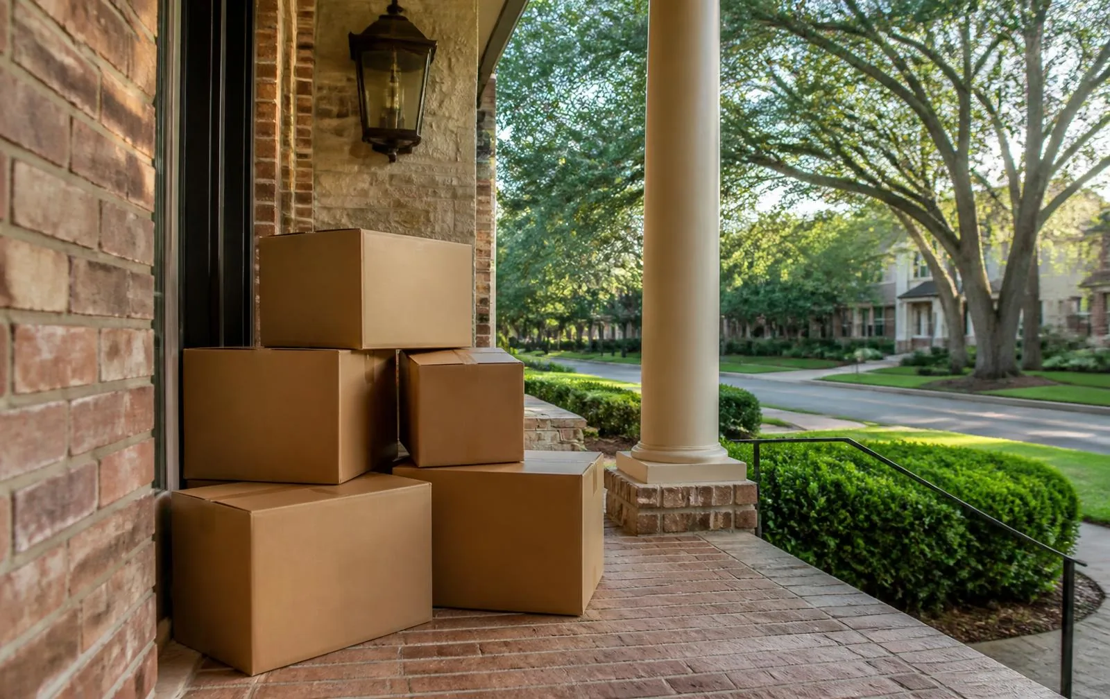 Plain moving boxes stacked on the brick front porch of a Waxhaw area home, oak canopy street beyond